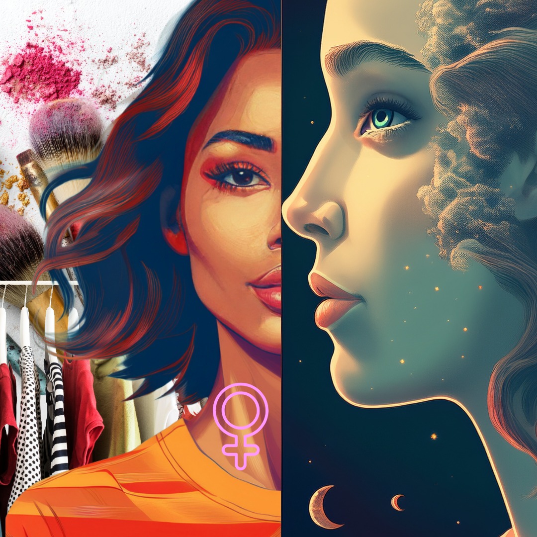 Two woman: one side shows the woman he thinks he wants (Venus), a colourful image of a modern ethnic ambiguous woman with short brown hair behind her rack of clothes and makeup. the other shows the one who reflects what he actually needs emotionally (Moon). A imaginary white ghost like figure.