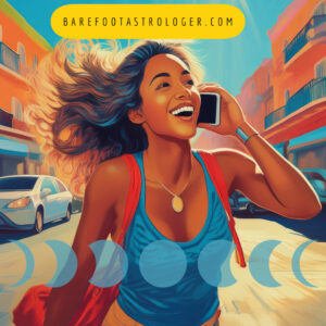 A woman laughing, walking quickly down a street, tossing her hair back, or on the phone with a joyful expression. Conveys Gemini’s attraction to lively, energetic, sociable people. Moon in Gemini men are emotionally attracted to youthful, sociable women who are curious, communicative, and adaptable.