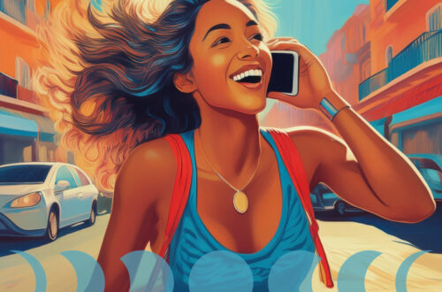 A woman laughing, walking quickly down a street, tossing her hair back, or on the phone with a joyful expression. Conveys Gemini’s attraction to lively, energetic, sociable people. Moon in Gemini men are emotionally attracted to youthful, sociable women who are curious, communicative, and adaptable.