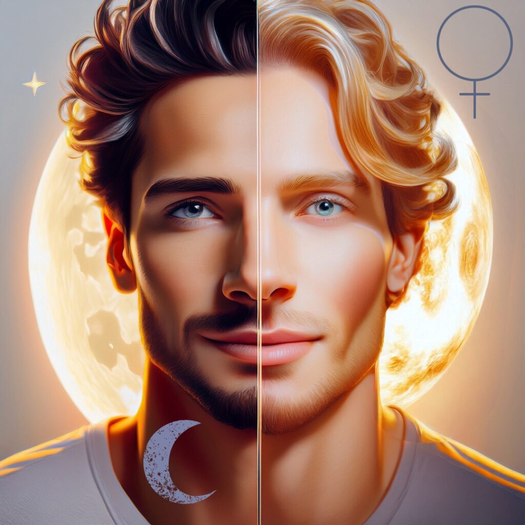 A face split into two moods: One side: tender, introspective, soft lighting (Moon – emotional, inner world) Other side: smirking, magnetic, flirty expression (Venus – charm, attraction style)