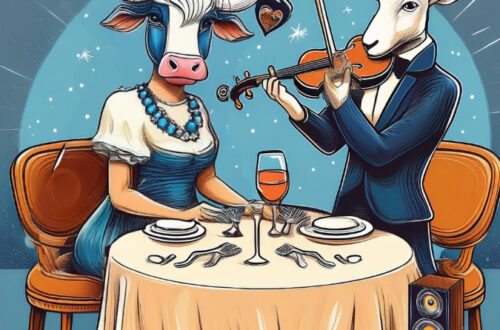 A humorous illustration of a bull (Taurus) dining at a fine dining restaurant and a goat (Capricorn) playing the violin with a stereo nearby. To symbolise taurus and Capricorn compatibility audio version,