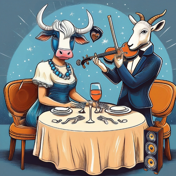 A humorous illustration of a bull (Taurus) dining at a fine dining restaurant and a goat (Capricorn) playing the violin with a stereo nearby. To symbolise taurus and Capricorn compatibility audio version,