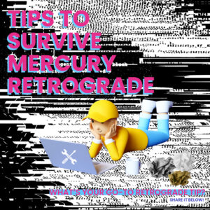 An image of a Lego mould man in a yellow hard hat on the floor, chest down, legs up. As his head rests in his hands, looking at a laptop screen with repair sticker on the laptop. Besides him are crumpled paper and a white mug. The background image is is of a black and white corrupt screen to symbolise times on how to survive Mercury retrograde