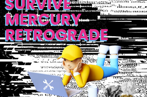 An image of a Lego mould man in a yellow hard hat on the floor, chest down, legs up. As his head rests in his hands, looking at a laptop screen with repair sticker on the laptop. Besides him are crumpled paper and a white mug. The background image is is of a black and white corrupt screen to symbolise times on how to survive Mercury retrograde