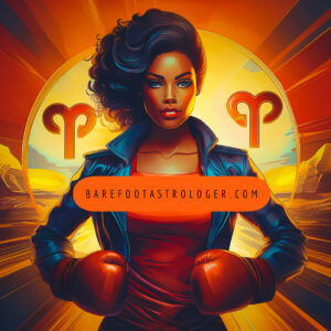 A woman with red dress,leather jacket, running shoes or boxing gloves round her neck. Aries glyph + Venus icon on a bold background of reds, oranges, and warm tones. “Venus in Aries men are attracted to bold, confident women who radiate youthful energy and aren’t afraid to make the first move.”