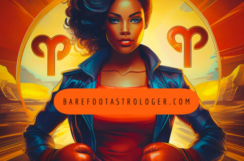 A woman with red dress,leather jacket, running shoes or boxing gloves round her neck. Aries glyph + Venus icon on a bold background of reds, oranges, and warm tones. “Venus in Aries men are attracted to bold, confident women who radiate youthful energy and aren’t afraid to make the first move.”