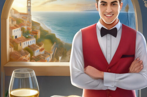 A sommelier stands in front of a backdrop of a Mediterranean sea view in front of him is a glass of wine on a clothed table that also has plates with a crab. This is the symbolise the water bearer Aquarius with the crab cancer compatibility.