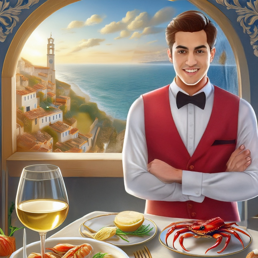 A sommelier stands in front of a backdrop of a Mediterranean sea view in front of him is a glass of wine on a clothed table that also has plates with a crab. This is the symbolise the water bearer Aquarius with the crab cancer compatibility.