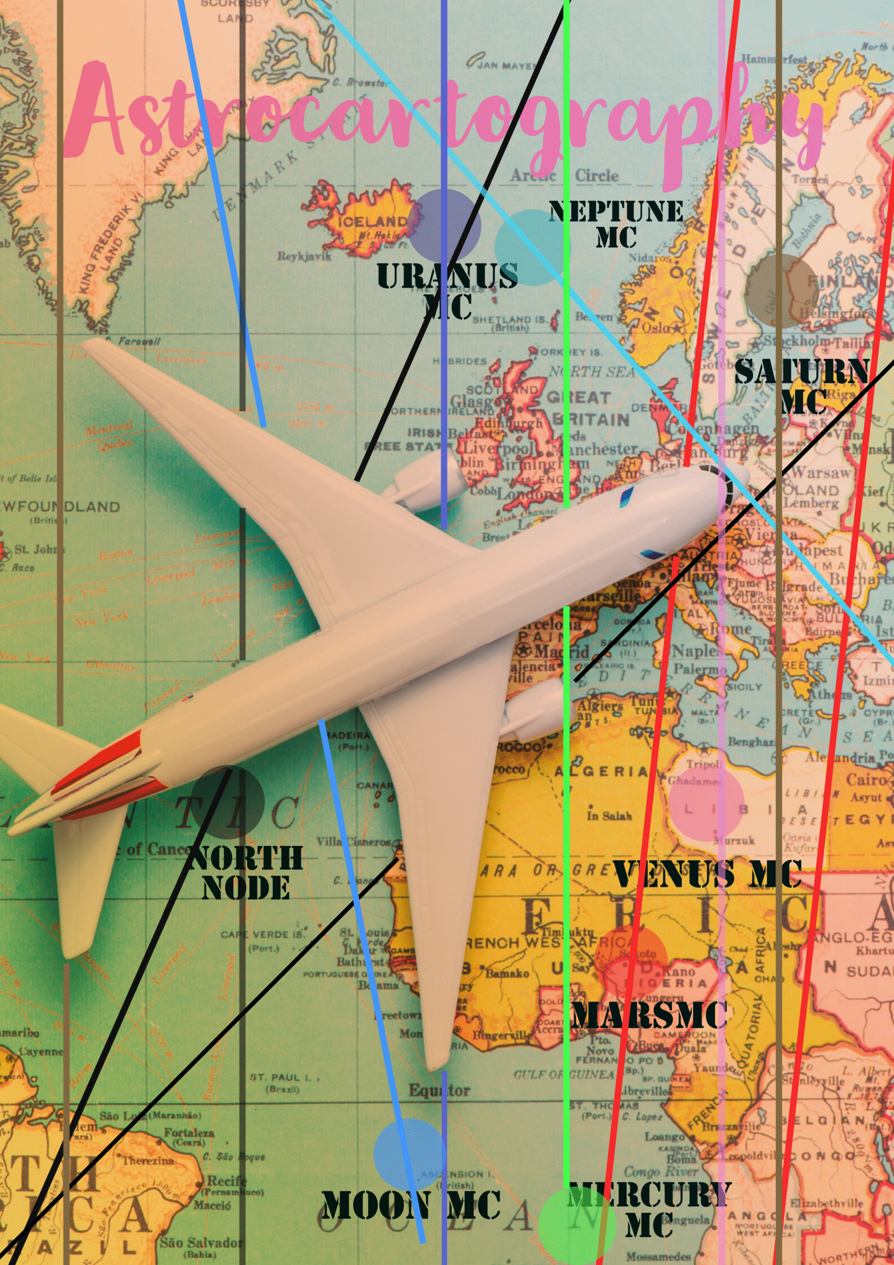 A photoshopped toy white aeroplane is on a colourful map of the world that has colourful lines running through and circles to represent what is astrocartography in astrology.