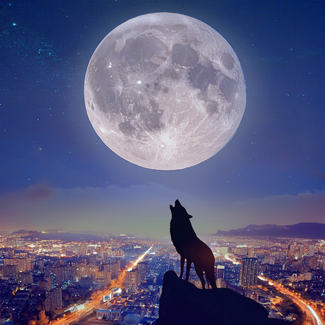 A nearly full moon hanging low over dark tower blocks or rooftops with a wolf howling at the moon. The city below in shadow or minimal scattered lights