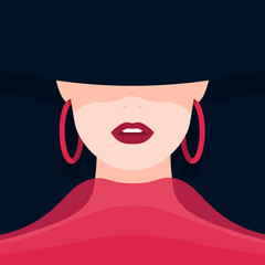 A stock illustration vector of o woman With her hat Covering Her eyes only seeing her hed lipstick and teeth, red hooped earrings and a red turtleneck to symbolise how to spot a Scorpio woman