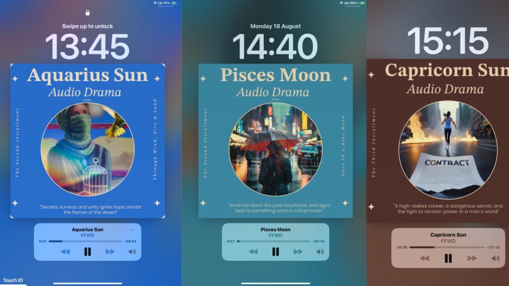 Screen shoot of three of our audio dramas playing image of three illustrated cover art work