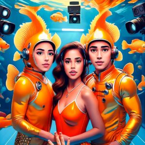 Illustration of two people in a fish costume, one woman in the middle wearing an headset behind them is a watery imagery with fish and cameras. This is the compatibility between a Pisces and Gemini audio version blog post