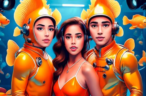 Illustration of two people in a fish costume, one woman in the middle wearing an headset behind them is a watery imagery with fish and cameras. This is the compatibility between a Pisces and Gemini audio version blog post