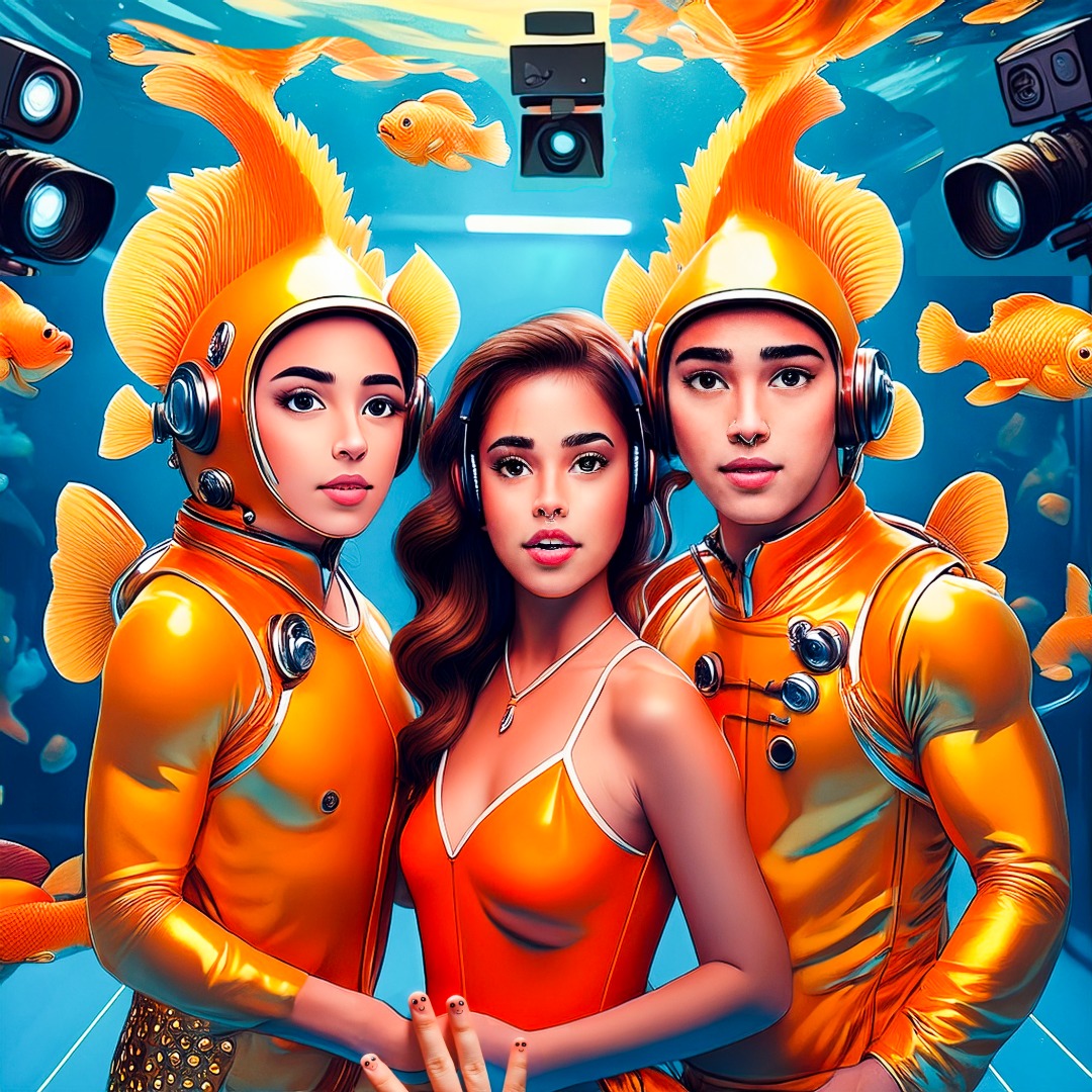 Illustration of two people in a fish costume, one woman in the middle wearing an headset behind them is a watery imagery with fish and cameras. This is the compatibility between a Pisces and Gemini audio version blog post