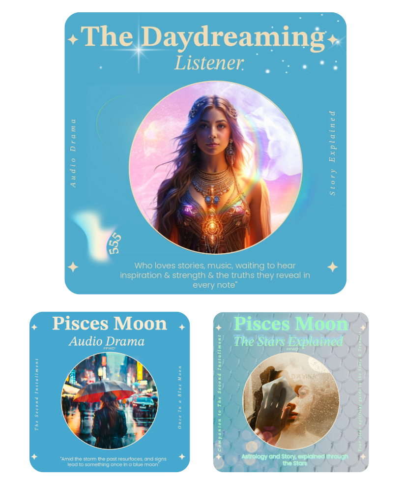 Image is of product two audio artwork covers for Pisces Moon and the Character card it belongs to. The image all feature a woman