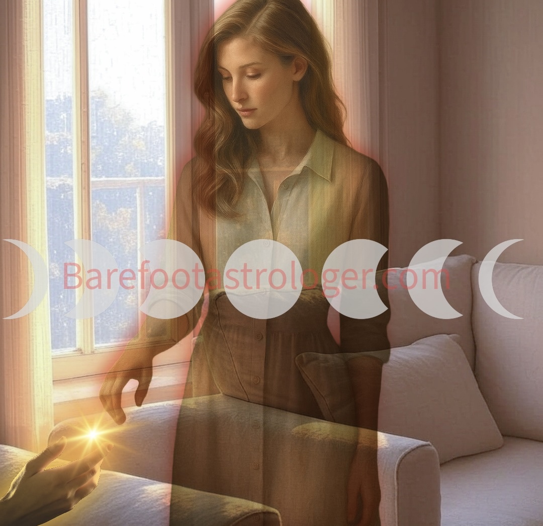 A illustration of a faded woman in soft, neutral tones (like beige, cream, or sage green) standing slightly to the side while light shines on them — suggesting being noticed rather than demanding attention. Whilst a hand reaching toward hers, but with hesitation, like waiting to be chosen.