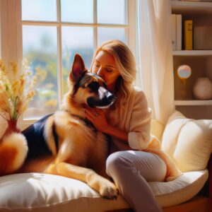 A woman sits on a receipt in front of a window. She is holding lovingly a German Shepherd dog. This is to depict men with the moon in Aries emotionally attracted to a loyal fierce woman.