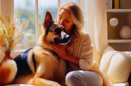A woman sits on a receipt in front of a window. She is holding lovingly a German Shepherd dog. This is to depict men with the moon in Aries emotionally attracted to a loyal fierce woman.