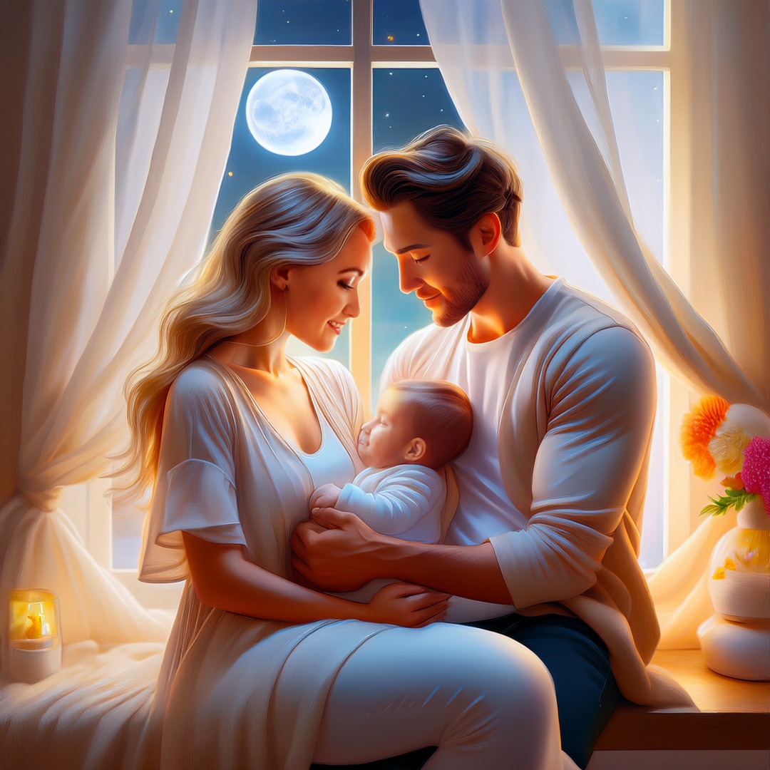 Illustration of A man and woman (the woman is holding a baby) sitting quietly together near a softly lit window at night, a faint moon glow coming through sheer curtains to depict men wi5h their moon in cancer attraction