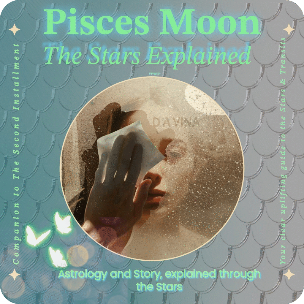 Pisces moon audio cover of a  woman in the bathroom in front of a steamed mirror wipes off the steam Davina is written in the mirror