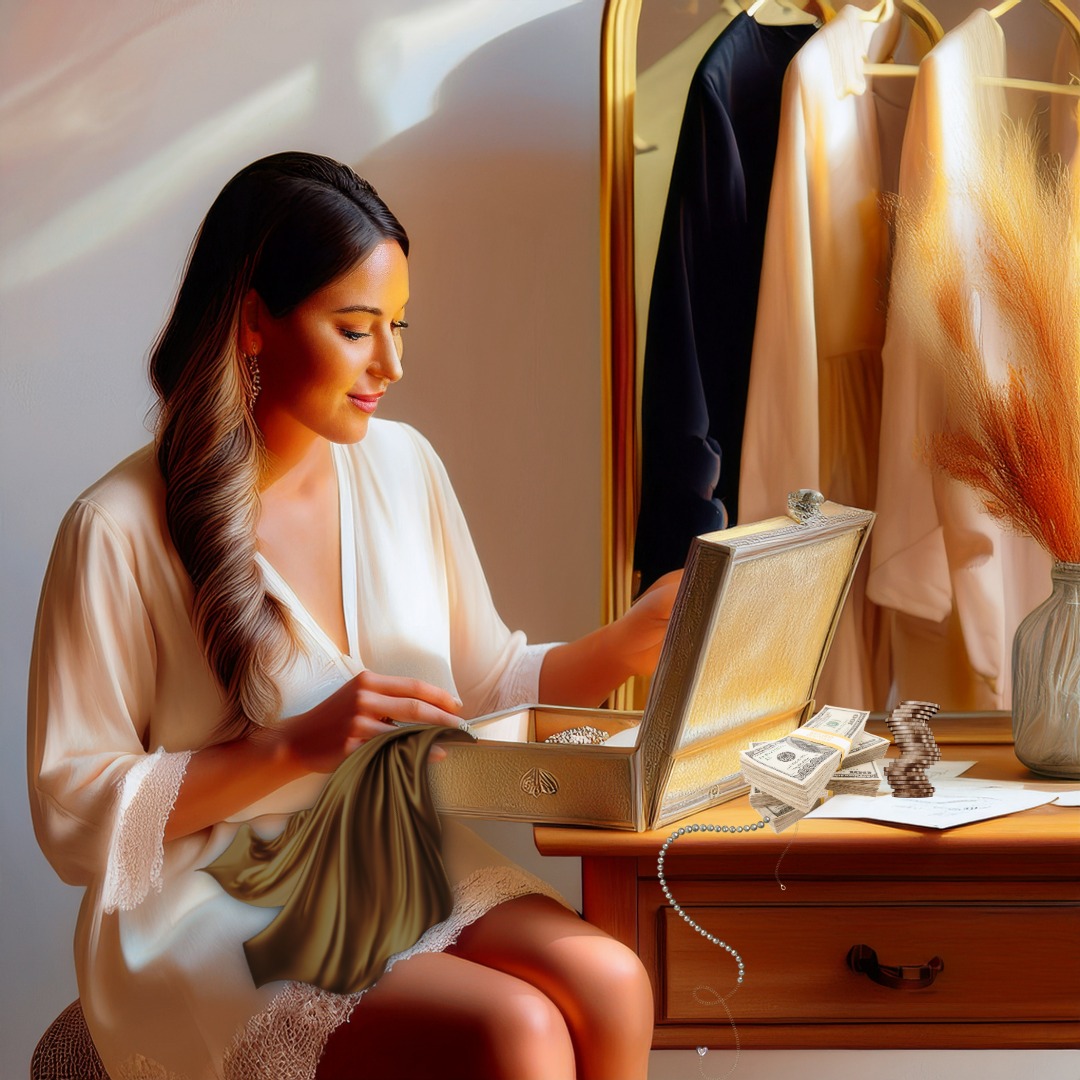 An illustration of An illustration of A woman sitting info front on a mirror (dressing table) opening an old jewellery box that has jewellery and money inside the box, on the desk is an old letter. In the mirror you can see a clothing rack vintage clothing to represent Venus Return