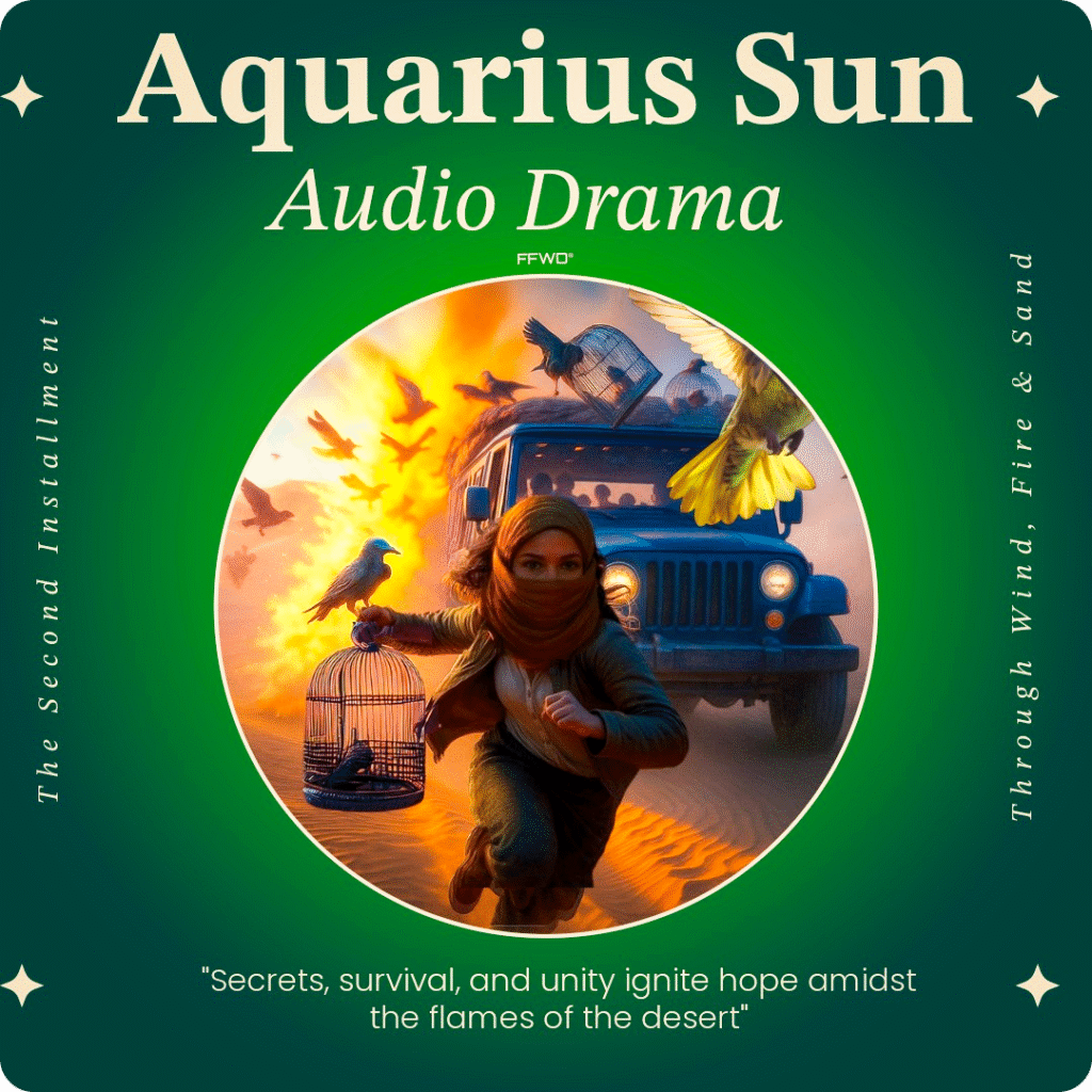 An audio cover for an audio drama for Aquarius sun available for purchase. This is an illustration of a young girl with a head scarf around her head and mouth dressed in a green pencil skirt, a shirt and a green jacket carrying a bird cage behind her is a jeep with birdcages on top falling off the rooftop as the Jeep chases her. This is to depict the scene in the audio driver.