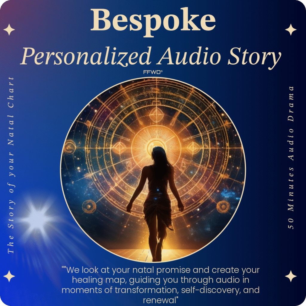 An illustration which includes a circular image of a woman walking towards an astrology chart the sky is dark but she and the chart are illuminated. An illustration which includes a circular image of a woman walking towards a astrology chart the sky is dark but she and the chart are illuminated. This is a Bespoke personalised audio drama cover Marketing image for audio available for purchase