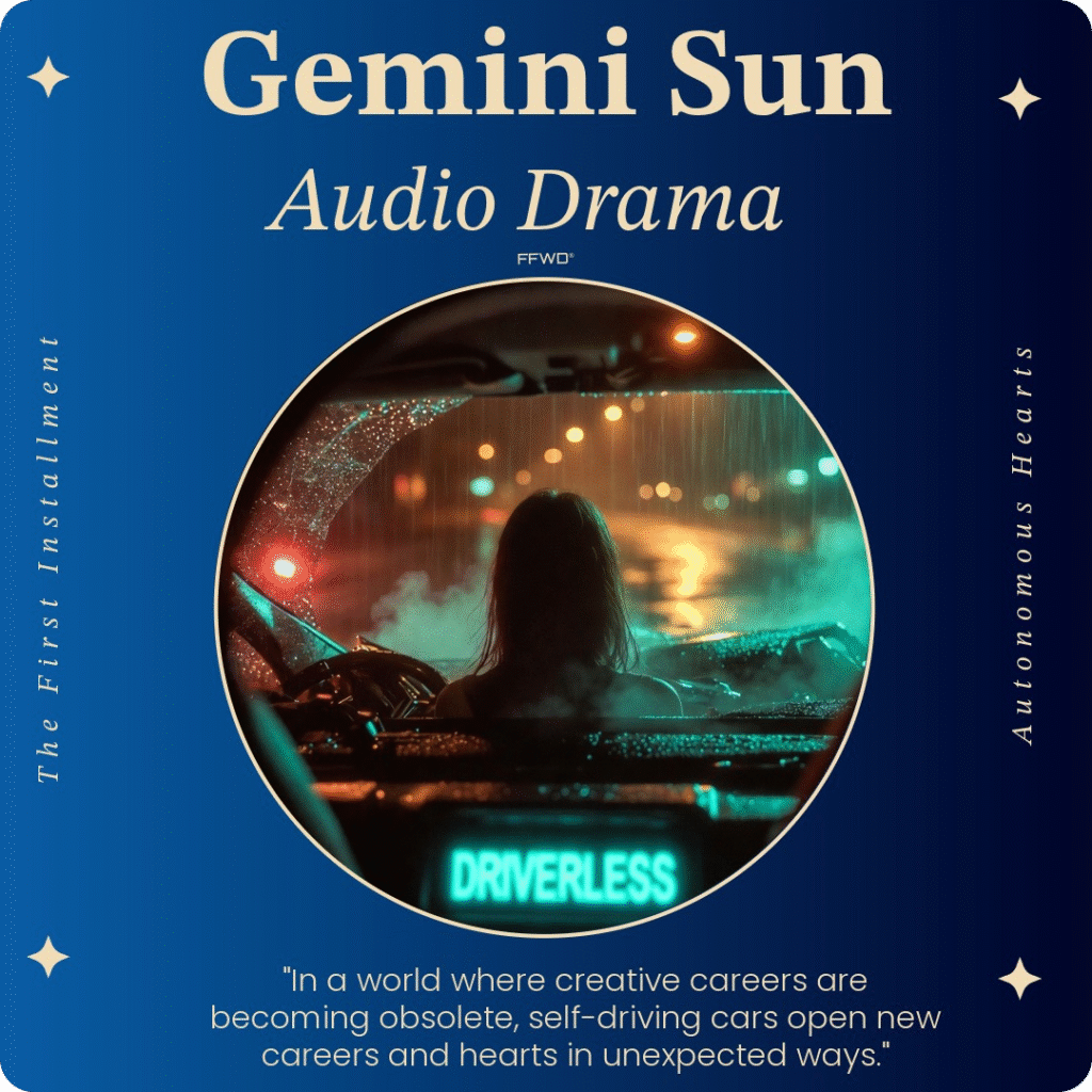 Artwork for audio drama for Gemini Sun available for purchase a driverless car is behind a woman in a car late at night.