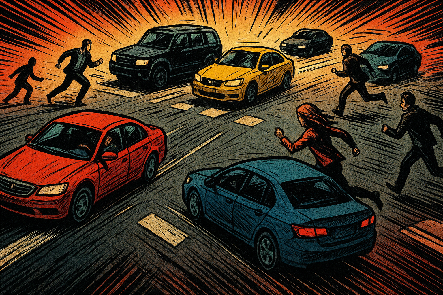An image in dynamic graphic novel style of a Traffic jam or chaotic crossroads: Cars or people moving in different directions, some reversing, some speeding forward — showing blocked communication, delays, or urgency to depecit Mercury retrograde conjunct transiting Mars.
