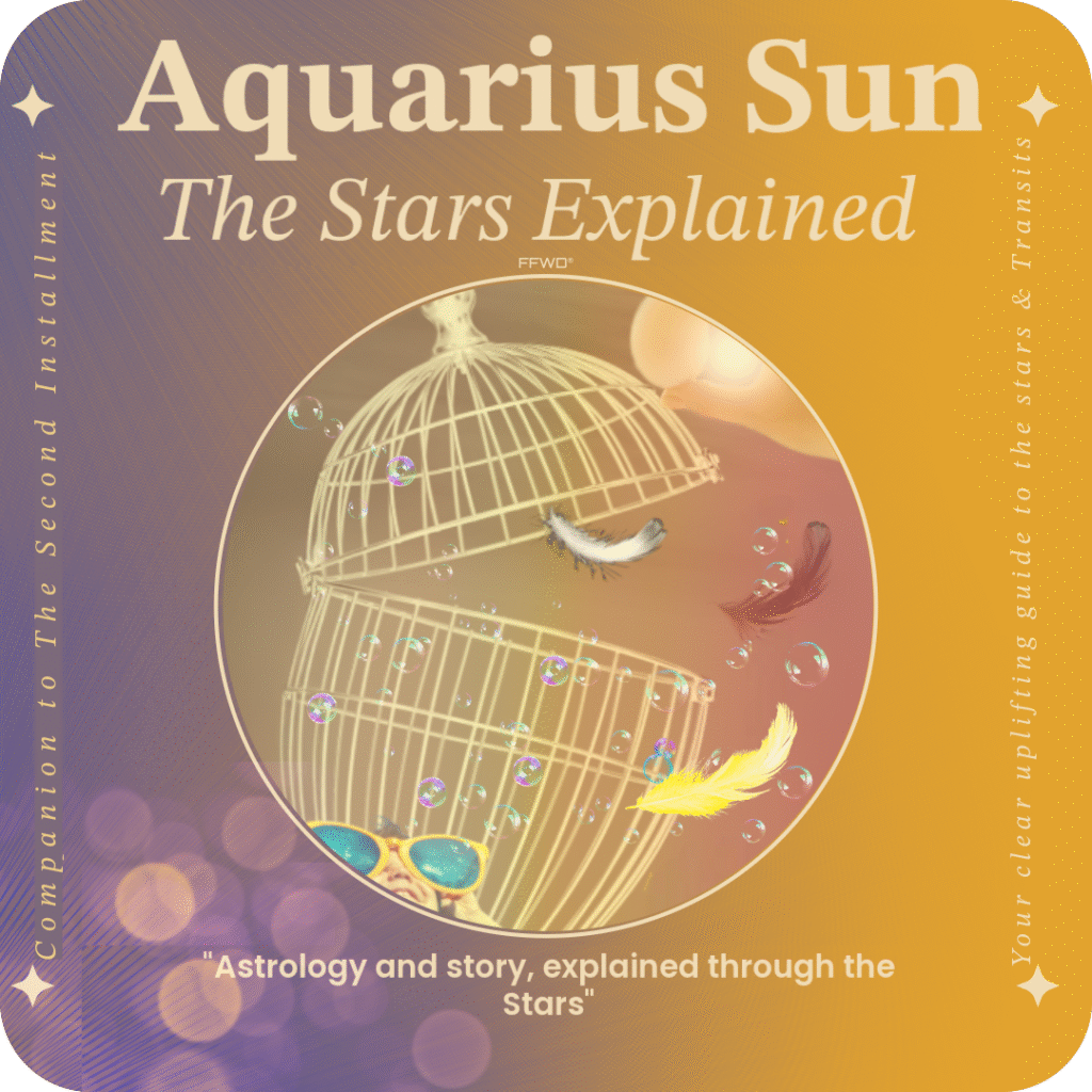 Aquarius Sun stars explained a circular image of a golden cage. A child with sunglasses looks up as a feather falls the ground, somebody is holding a golden egg. This is to depict the scenes in the audio drama available for purchase.