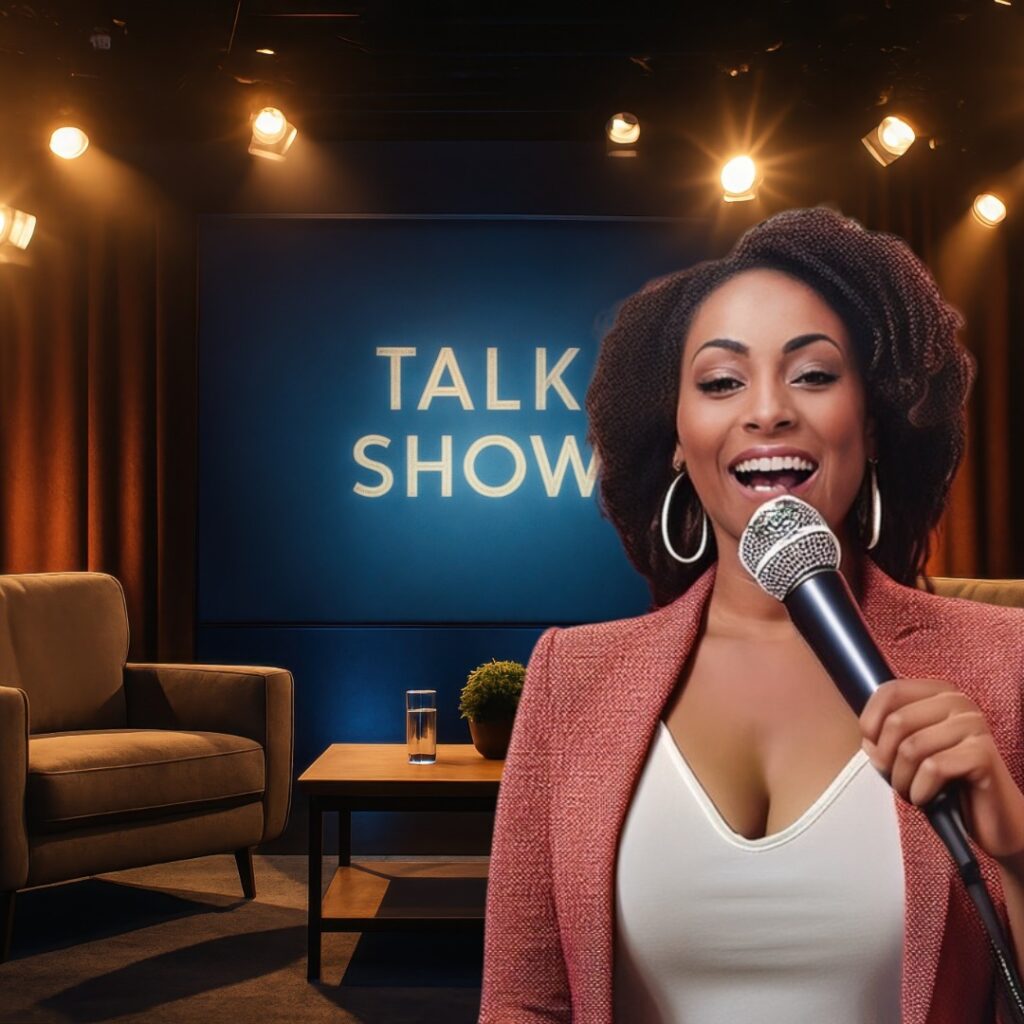 A African American talk show host holding a microphone in a talk show studio to depict Oprah Winfrey in her progressed balsamic  moon phase success 