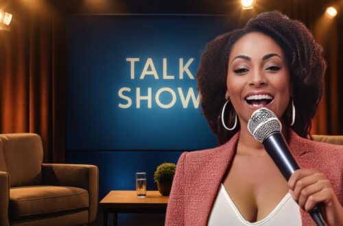 A African American talk show host holding a microphone in a talk show studio to depict Oprah Winfrey in her progressed balsamic moon phase success
