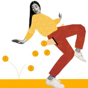 Composite photo collage of funny astonished girl lost money coin dollar for empty pocket bankrupt isolated on painted background this is the depict Mercury retrograde in the second house of income