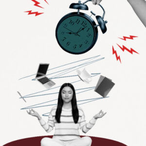 An illustration of A woman alone with a laptop and a book swelling around her above her head is a ringing alarm clock with somebody holding it. This is picked Mercury retrograde from the first house of the 12th house.