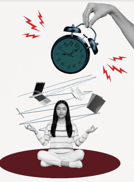 An illustration of A woman alone with a laptop and a book swelling around her above her head is a ringing alarm clock with somebody holding it. This is picked Mercury retrograde from the first house of the 12th house.