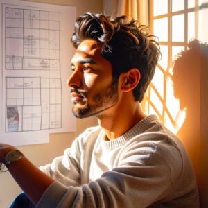 Illustration of Aquarius man sitting down looking towards a window with plans on paper on the wall beside him with light and shadows reflected behind him on the wall to depict an Aquarius man with his moon in Virgo