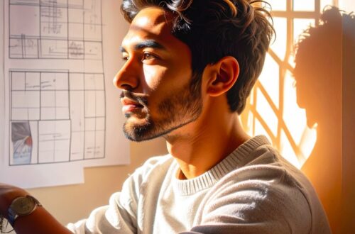 Illustration of Aquarius man sitting down looking towards a window with plans on paper on the wall beside him with light and shadows reflected behind him on the wall to depict an Aquarius man with his moon in Virgo