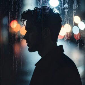 A digital photograph of a depiction of a Aquarius Man cityscape background out of focus