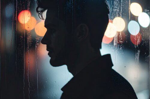 A digital photograph of a depiction of a Aquarius Man cityscape background out of focus