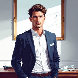 white man in a blue suit with white shirt stands in front of a mirror with his hands in his pockets to depict taurus man