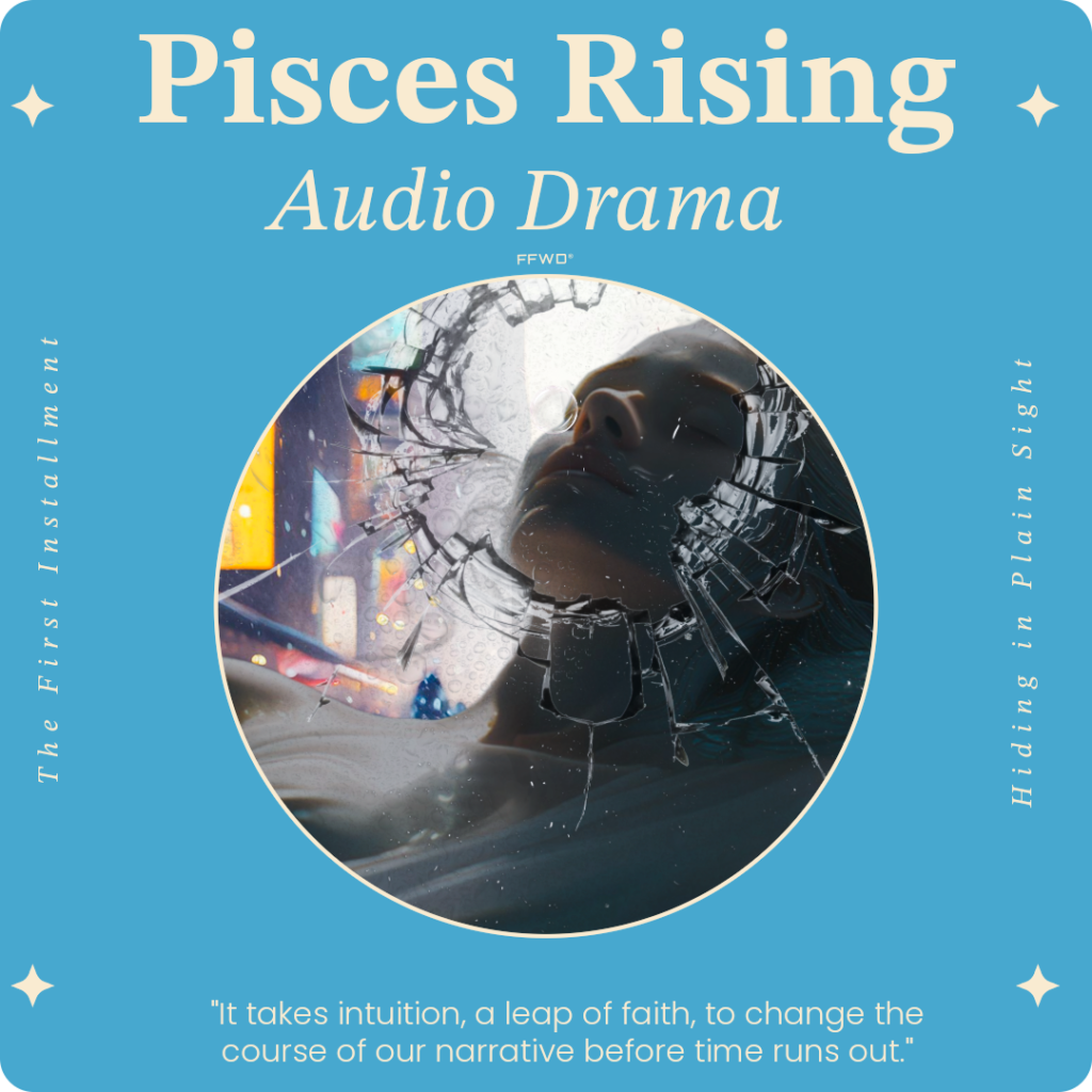 Pisces sun artwork for audio drama features an image of a woman in a crack tank holding her breath in the middle of Times Square