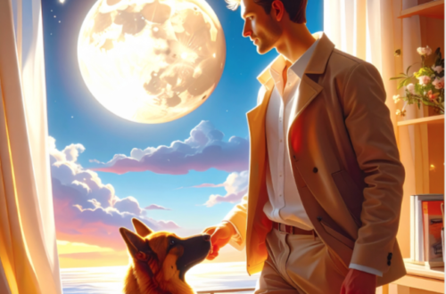 A hyper-detailed, semi-photorealistic portraits with heavy cinematic glow of a man walking a German Shepherd dog outside at night. He’s slightly turned toward the camera, not fully frontal. The moon is visible behind him or off to the side in the sky. His body language suggests movement: one foot forward, jacket half open, hand mid-gesture. This is to depict being attracted to a man with his moon in Aries.