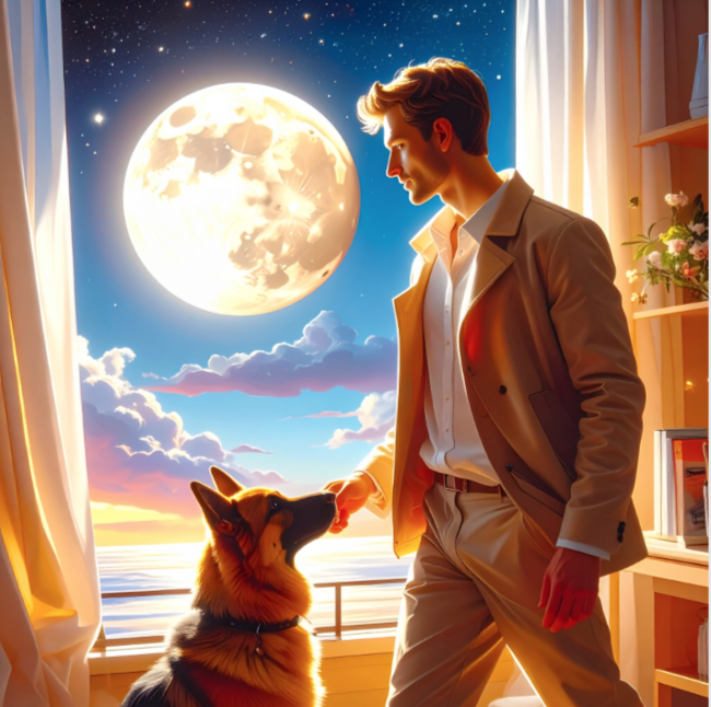 A hyper-detailed, semi-photorealistic portraits with heavy cinematic glow of a man walking a German Shepherd dog outside at night. He’s slightly turned toward the camera, not fully frontal. The moon is visible behind him or off to the side in the sky. His body language suggests movement: one foot forward, jacket half open, hand mid-gesture. This is to depict being attracted to a man with his moon in Aries.