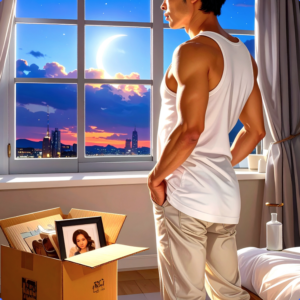 an image of a small-framed man standing alone at night in an empty studio in of a large mirror. A cardboard box is in the picture beside his foot with a picture frame of his mother. he is wearing a white tank top, his small but defined muscles visible . The background is a glass window behind him is the moon is visible above or reflected in glass. His posture is upright, insecure but trying to look restrained and self-controlled.
