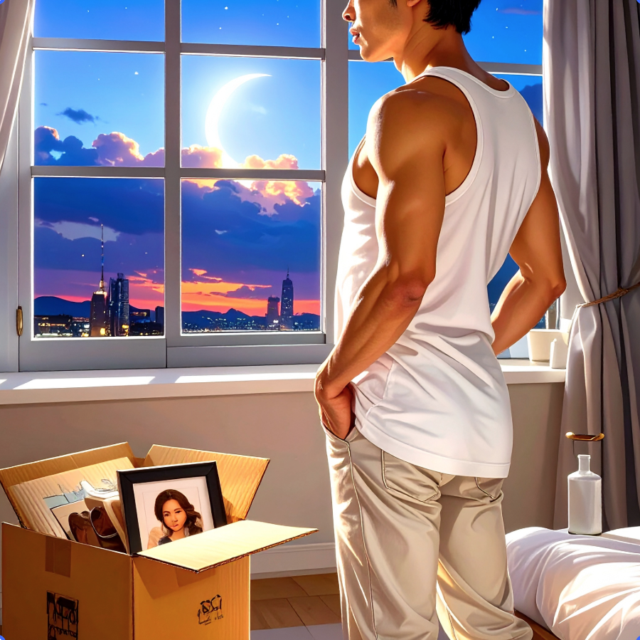 an image of a small-framed man standing alone at night in an empty studio in of a large mirror. A cardboard box is in the picture beside his foot with a picture frame of his mother. he is wearing a white tank top, his small but defined muscles visible . The background is a glass window behind him is the moon is visible above or reflected in glass. His posture is upright, insecure but trying to look restrained and self-controlled.