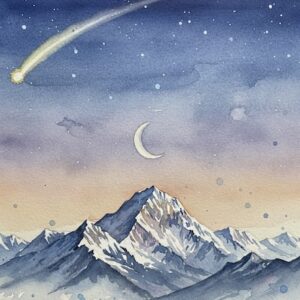 an image of a new moon over mount Everest with a shorting star in the sky. Watercolour style to depict new moon in Capricorn January 2026