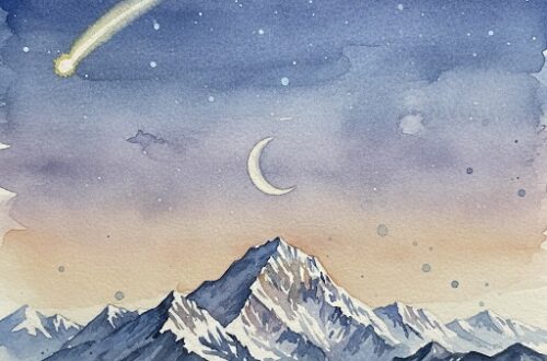 an image of a new moon over mount Everest with a shorting star in the sky. Watercolour style to depict new moon in Capricorn January 2026
