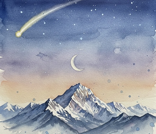 an image of a new moon over mount Everest with a shorting star in the sky. Watercolour style to depict new moon in Capricorn January 2026