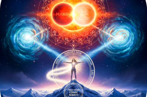 A mystical astrological illustration titled 'Cosmic Rebirth.' At the top, a male and female figure representing Mars and Venus embrace inside a glowing golden sun atop a snowy mountain peak. Below the mountain, a swirling blue celestial vortex features the Cancer zodiac symbol. The image represents the 2026 Capricorn Cazimi and its opposition to Jupiter in Cancer, using a deep cosmic color palette of navy, gold, and white."